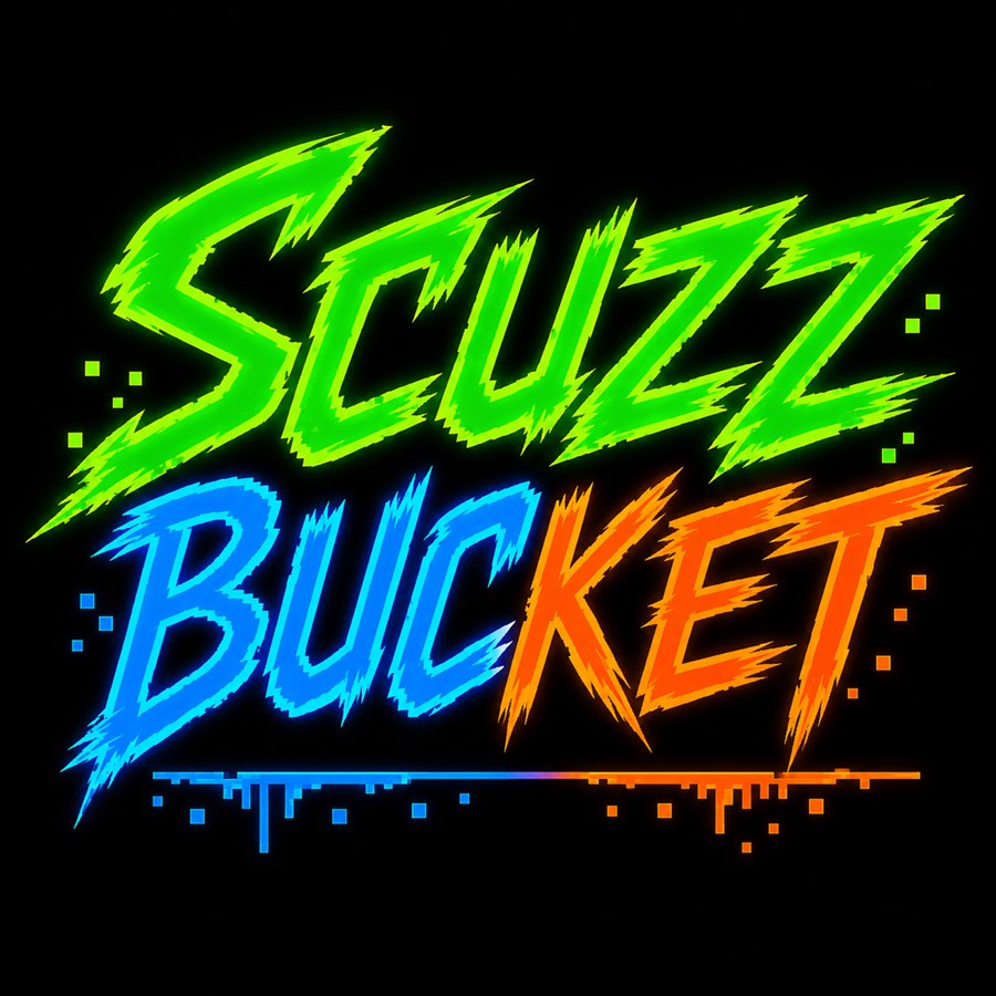 Scuzzbucket logo in neon green, blue and orange glitch lettering